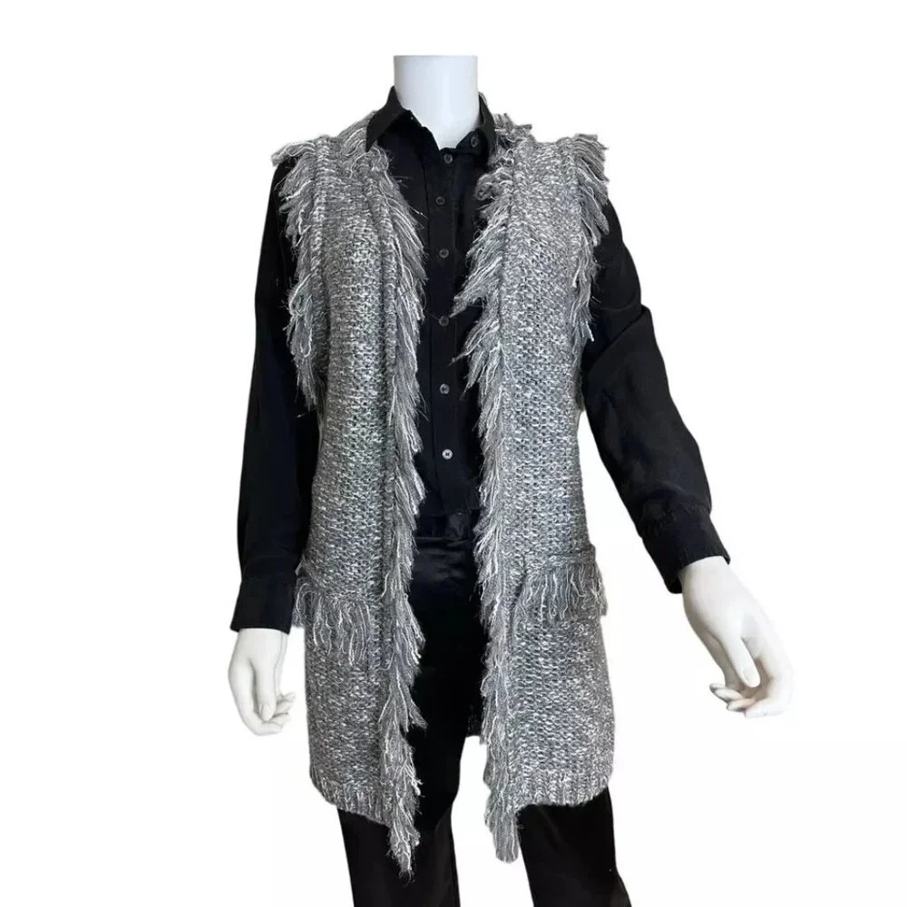 Women's Cable Knit Fringe Maxi Sweater Vest Gray White Silver S/M L/XL